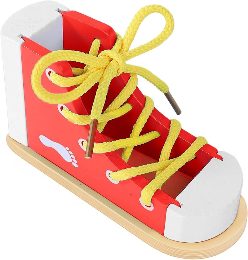 FLATRI Shoe Tying Practice for Kids, Red Shoe Tie Practice for Kids Threading Lacing Shoes Training, Wooden Learn to Tie Shoes Basic-Life-Skills - Image 1